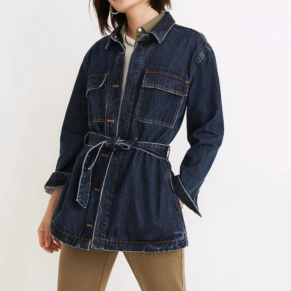 MADEWELL Denim Tie-Waist Shirt-Jacket Dark Wash {B26}